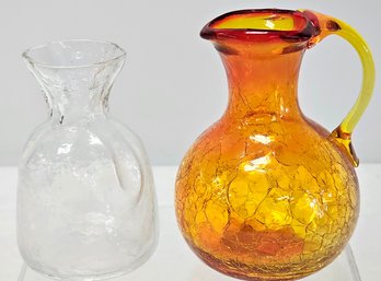 2 Vintage Blown Glass Vessels - Amberina Crackle Glass And Money Bag Vase