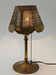 Antique Brass Blue Slag Glass Boudoir Lamp - Pierced Metal Filigree