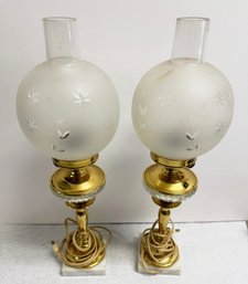 Pair Of Vintage Tower Craftsman Inc. Frosted Globe And Marble Base Lamps