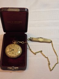 Waltham 14k Gold Filled Pocket Watch With Box Chain And Knife