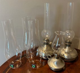 3 Pewter Oil Lamps & 3 B&p Lamp Chimneys