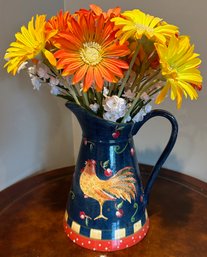 Porcelain Rooster Pitcher With Faux Flowers