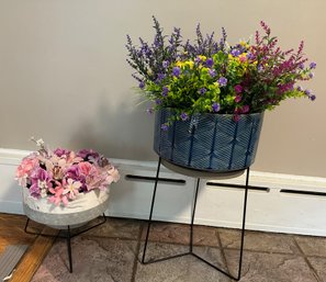 2 Faux Flower Pots On Wire Stands
