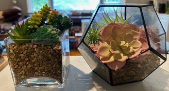 2 Terrariums With Faux Plants