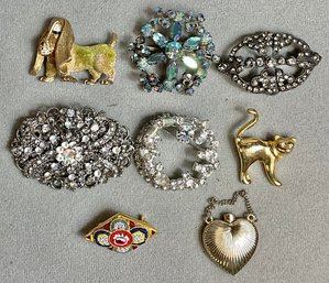 8pc Vintage Brooches & Mini Heart Perfume Bottle