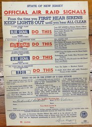 Original WW2 - New Jersey Official Air Raid Signals - Poster