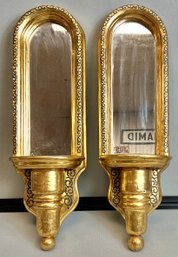Pair Vintage Italian Gold Gilt Wood Wall Sconces W/ Mirrors