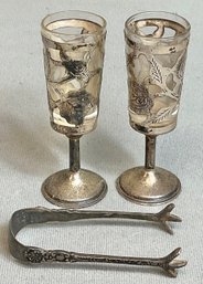 Sterling Overlay Shot Glasses & 900 Silver Sugar Tongs