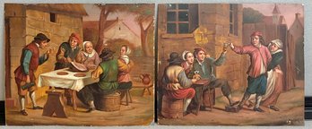 2 Antique Original Oil Paintings On Tin - After David Teniers