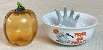 Blown Glass Pumpkin & Trick Or Treat Dish