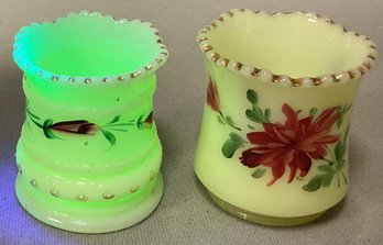 2 Heisey Uranium Custard Glass Toothpick Holders