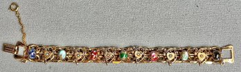 Victorian Revival Slide Link Bracelet W/ Hearts & Art Glass Stones