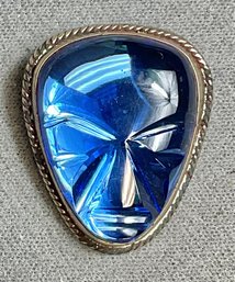 Sterling Carved Blue Glass Mayan Pendant