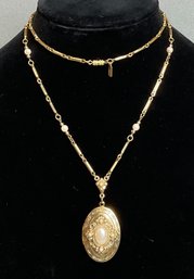 Gold Tone Faux Pearl Locket Necklace