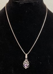 Sterling Box Chain Necklace W/ Sterling Amethyst Pendant