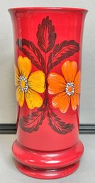 Large Red Ceramic Mid Century Floral Vase