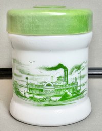 Vintage Milk Glass Canister W/ Riverboat Theme