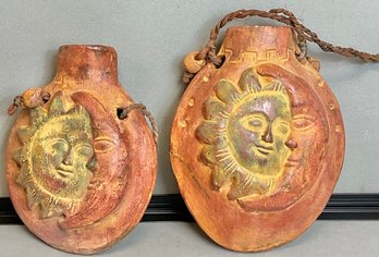 2 Hanging Mexican Hand Crafted Terracotta Pottery Vases - Sun/Moon