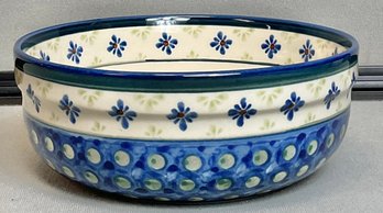 Boleslawiec Hand Made Poland Pottery Bowl - Blue/Green Floral Dot