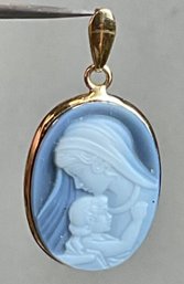 14k Gold Madonna & Child Blue Agate Cameo Pendant