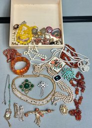 Wood Box Full Vintage Costume Jewelry