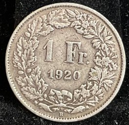 1920 B - Swiss 1 Franc Silver Coin