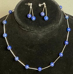 Shube Sterling Silver Lapis Bead Necklace & Earrings