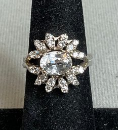 14k White Gold Diamond Halo W/ White Topaz Center Stone Ring