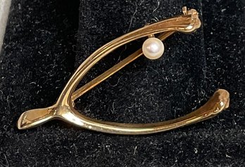 14k Gold & Pearl Wishbone Brooch