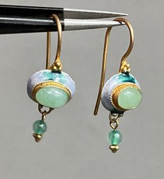 Sterling W/ Gold Wash Enamel & Green Stone Drop Earrings