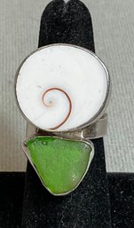 Designer Elligators Sterling Shell & Sea Glass Ring