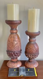 Pair Pillar Candle Holders & Luminara Fluttering Faux Candles