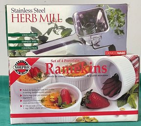 Porcelain Ramekins & Stainless Steel Herb Mill - New