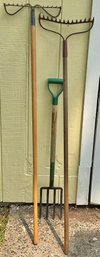 2 Metal Rakes & Pitch Fork