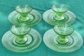 4 Uranium Glass Plates & Sherbet Cups