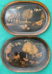 2 Small Antique Toleware Painted Trays - Rooster/ Chickens