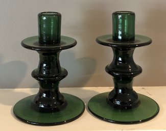 2 Green Blown Glass Candlesticks