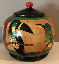 Carved Wood Covered Jar - Tropical Birds