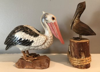 2 Carved Wood Pelicans
