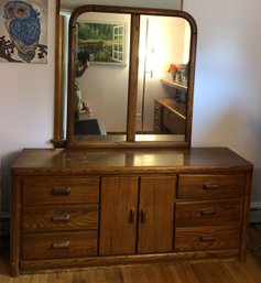 Vintage Oak Broyhill Long Dresser & Mirror