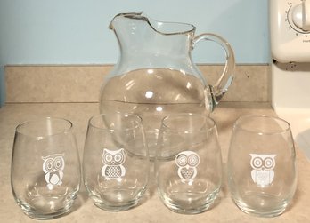 Glass Pitcher & 4 Owl Glasses