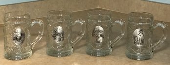 4pc Glass Mugs W/ Pewter Fishing/ Hunting Medallions