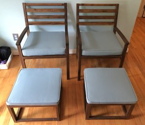 Pair Wood Slat Chairs & Ottomans