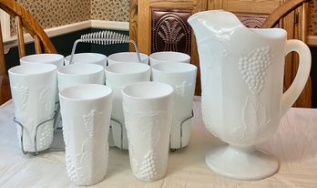 Vintage Indiana Colony Milk Glass Harvest White Pitcher & 10 Glasses