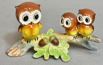 Vintage Norcrest Ceramic Owl Trio On Branch