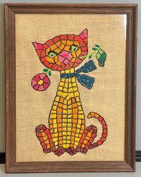 Vintage Crewel Embroidered Cat Art