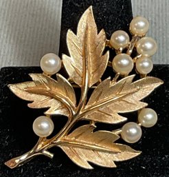 Vintage Gold Tone & Faux Pearl Crown Trifari Leaf Brooch/ Pin