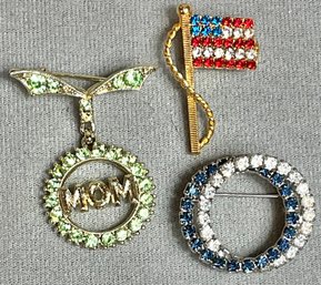 3 Vintage Colored Rhinestone Brooches