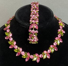Beautiful 1960s Napier Pink/Green Rhinestone Necklace & Bracelet