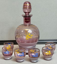 Vintage Hand Blown Purple Amethyst Glass Decanter Set W/ 6 Shot Glasses